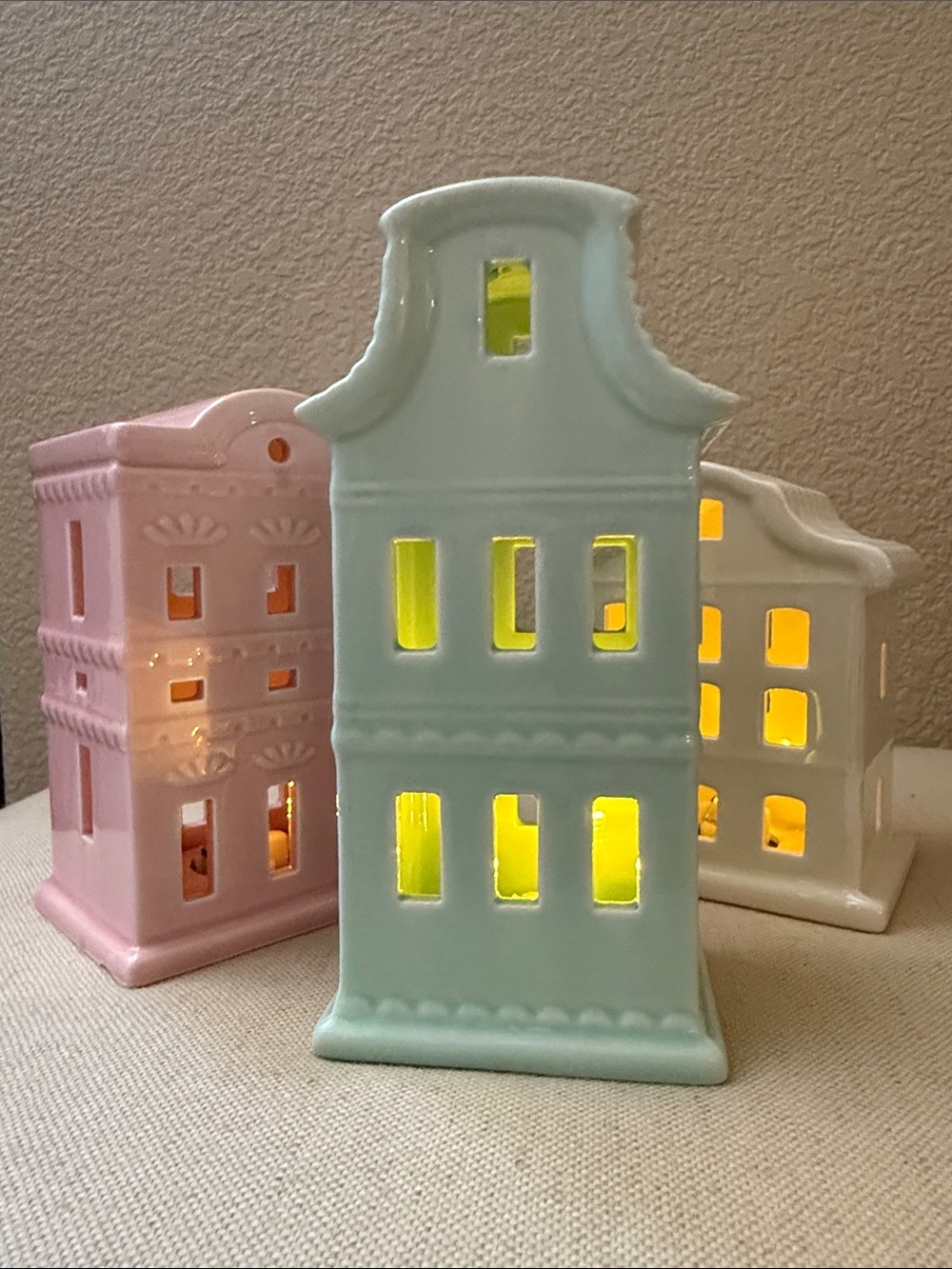 Set-of-3 Ceramic Light-up Village Pieces, 4.5”-6.25” high, bottom on/off switch